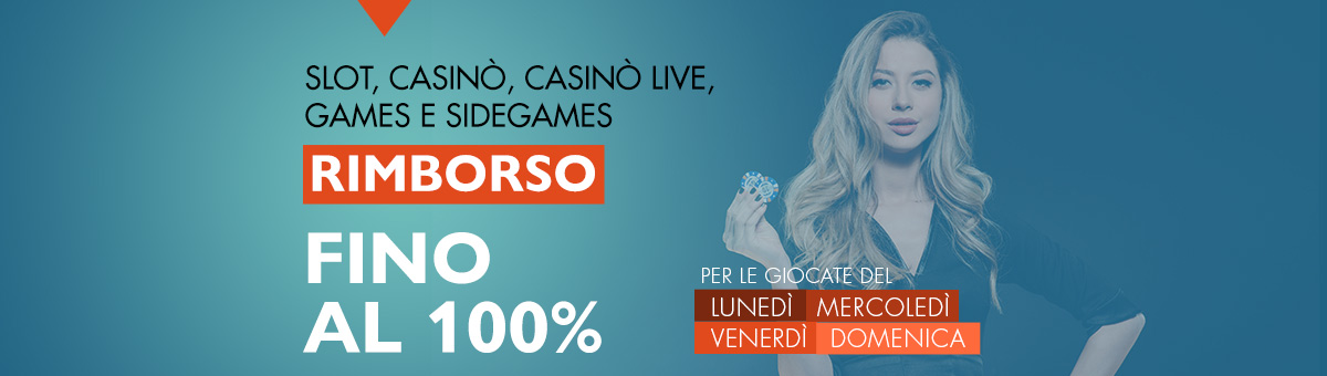 Giocando alle Slot, Casinò, Casinò Live, Games e Sidegames avrai diritto ad un rimborso fino al 100%