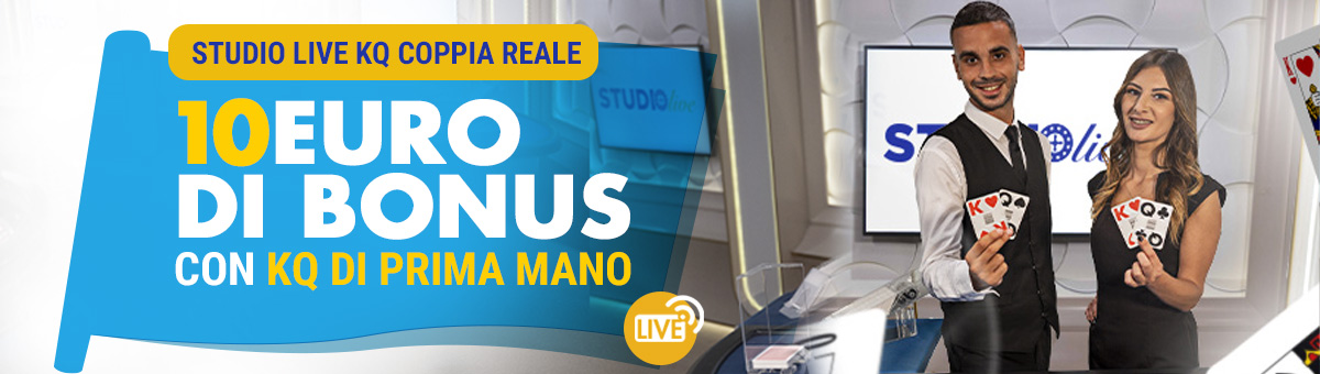 I tavoli esclusivi di Studio Live Blackjack, Studio Live Blackjack 10€, Studio Live Blackjack XTR, Studio Live Blackjack 5€ mettono in palio un bonus di 10€ per chi riceve come mano di partenza K e Q