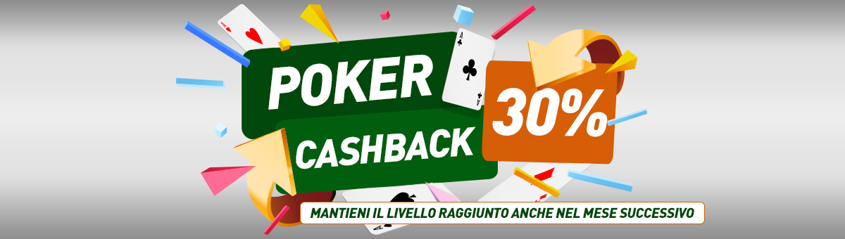 Giocando al Poker ricevi un rimborso fino al 30% della rake lorda generata