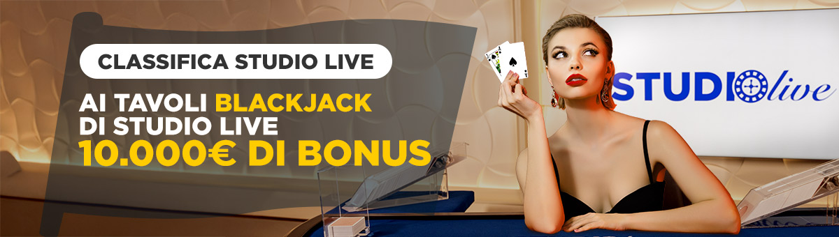 Il montepremi da 10.000€ di Bonus ti aspetta nella Race di Studio Live. Scegli gli esclusivi tavoli di Blackjack e prova a classificarti!